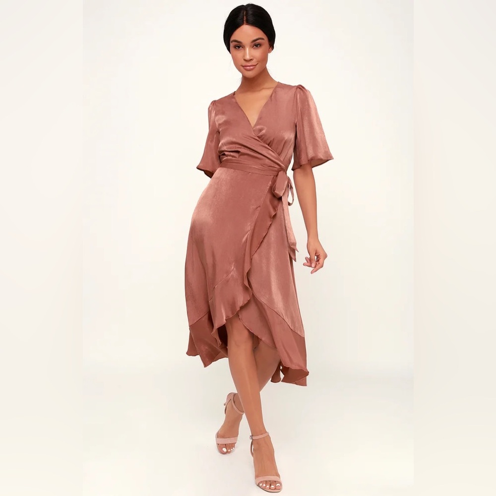 Lulu’s Wrapped Up In Love Mauve Satin Faux-Wrap Midi Dress